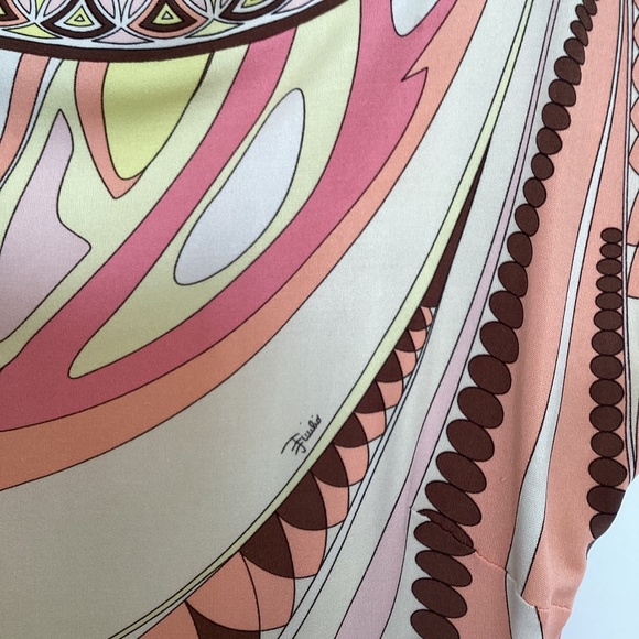 Emilio Pucci Firenze 100% silk jersey tunic top cap sleeves yellow pink abstract - Picture 9 of 11